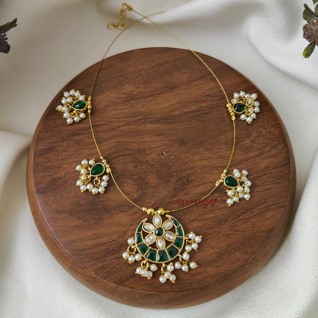 Moon Shaped Kundan Jadau Invisible Necklace - Green with White