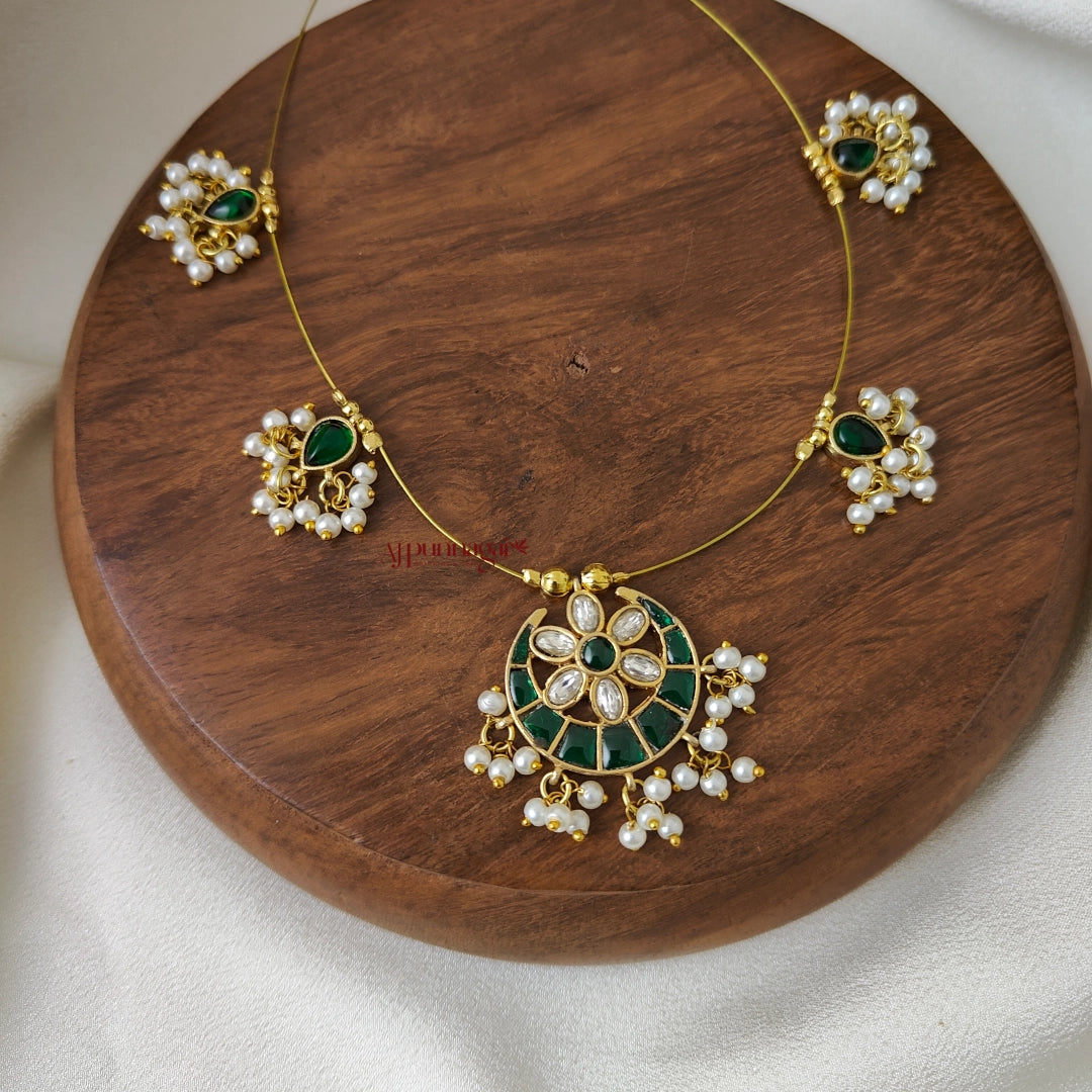 Moon Shaped Kundan Jadau Invisible Necklace - Green with White