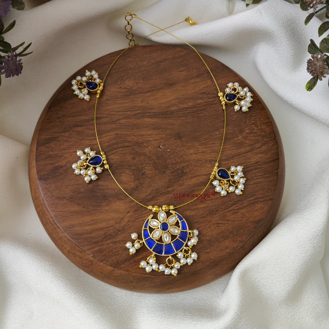 Moon Shaped Kundan Jadau Invisible Necklace - Blue with White