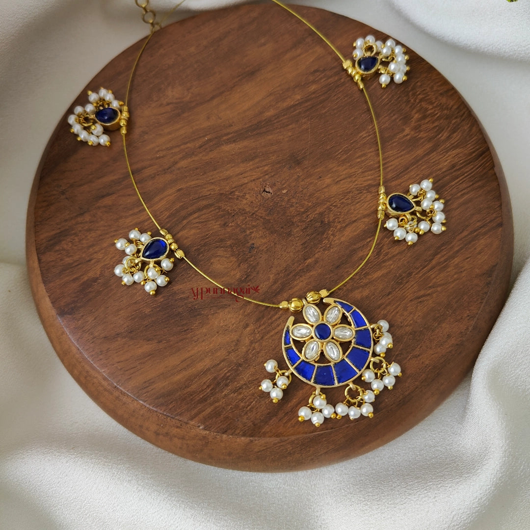 Moon Shaped Kundan Jadau Invisible Necklace - Blue with White