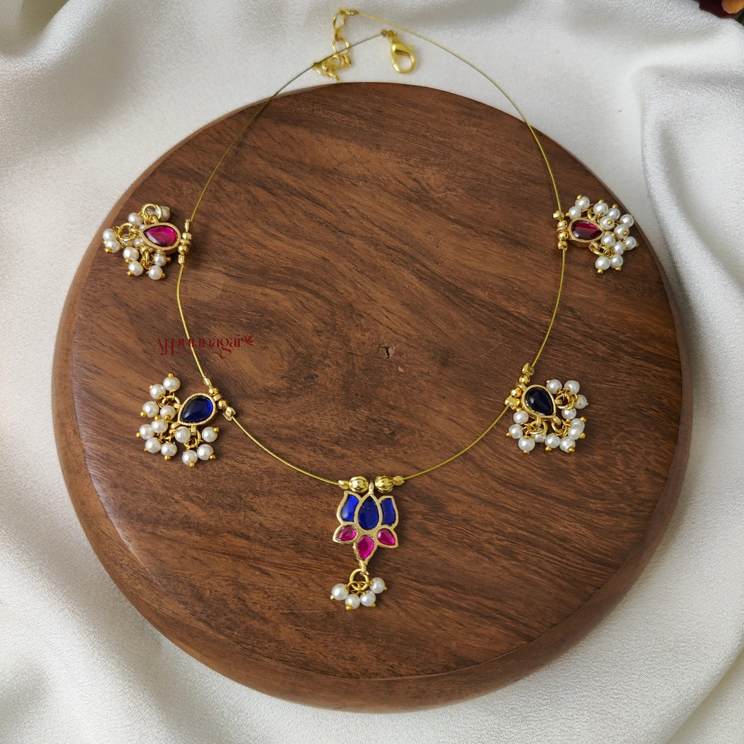 Blue With Pink Kundan Jadau Lotus Invisible Necklace