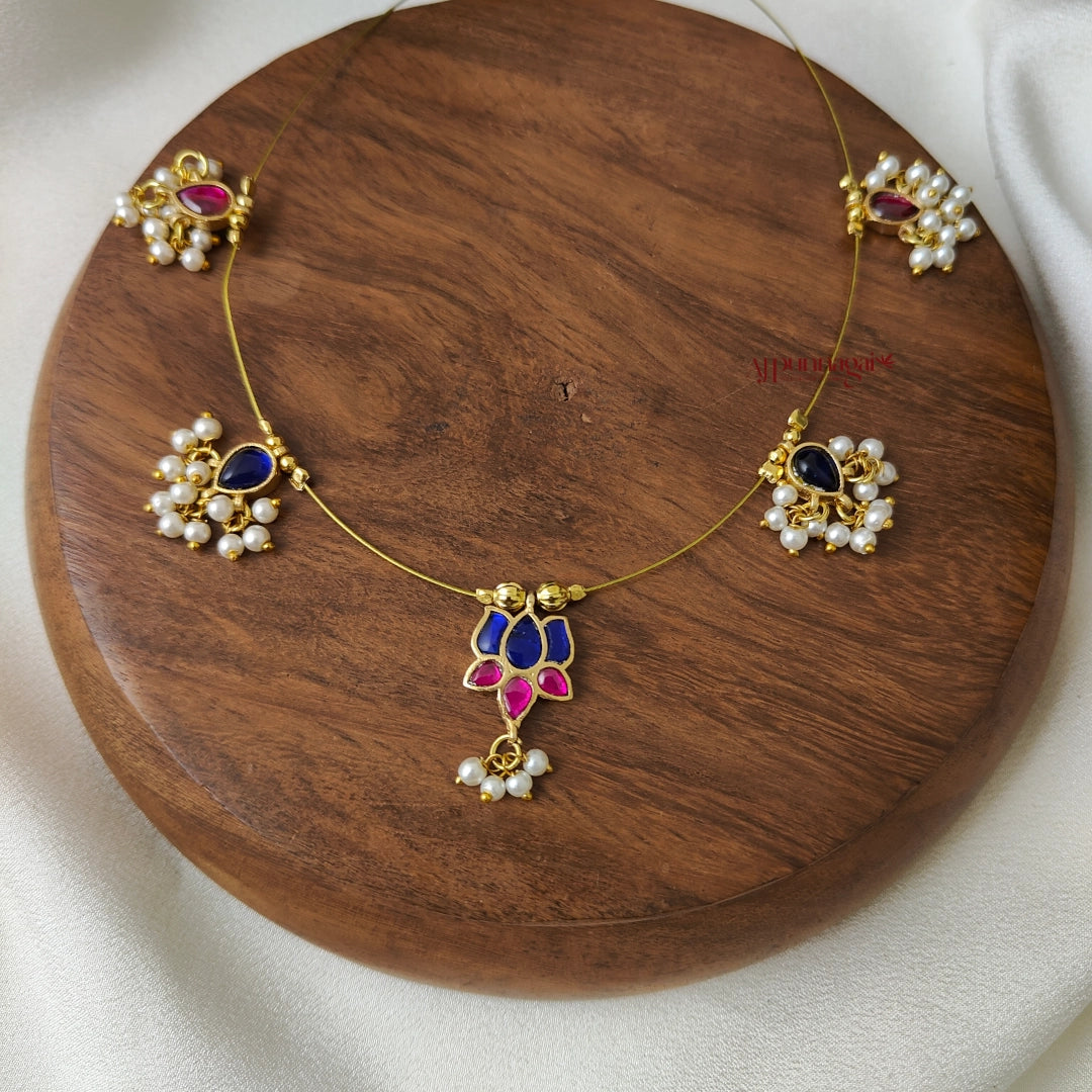 Blue With Pink Kundan Jadau Lotus Invisible Necklace