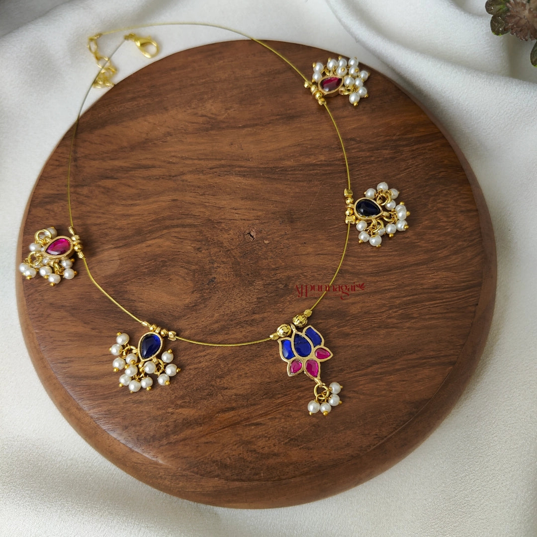 Blue With Pink Kundan Jadau Lotus Invisible Necklace