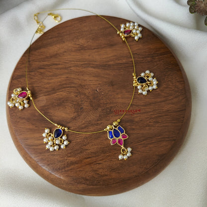 Blue With Pink Kundan Jadau Lotus Invisible Necklace