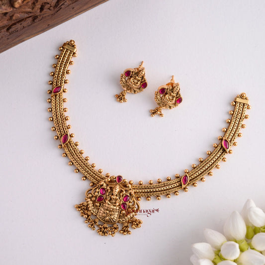 Royal Gold Look Alike Nakshi Necklace - Ruby