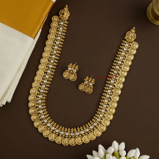 Gold Look Alike Bridal Lakshmi Coin Kundan Jadau Haram - White