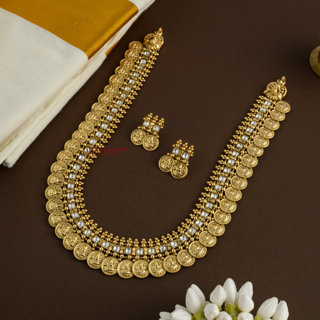 Gold Look Alike Bridal Lakshmi Coin Kundan Jadau Haram - White