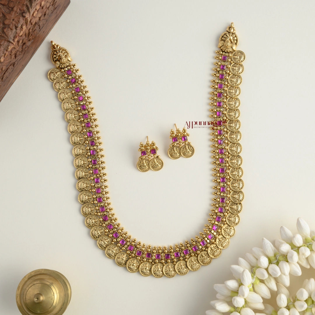 Gold Look Alike Bridal Lakshmi Coin Kundan Jadau Haram - Ruby