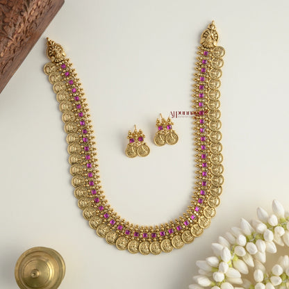 Gold Look Alike Bridal Lakshmi Coin Kundan Jadau Haram - Ruby