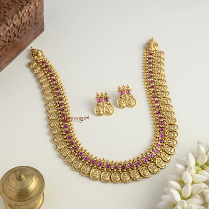 Gold Look Alike Bridal Lakshmi Coin Kundan Jadau Haram - Ruby