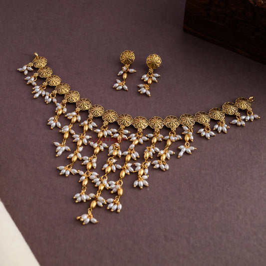 Floral Rice Pearl With Gold Necklace