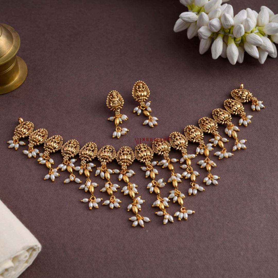 Lakshmi Rice Pearl With Gold Guttupusalu Necklace