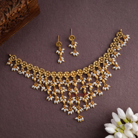 Floral Gold Look Alike Guttupusalu Necklace - Pearl and Gold