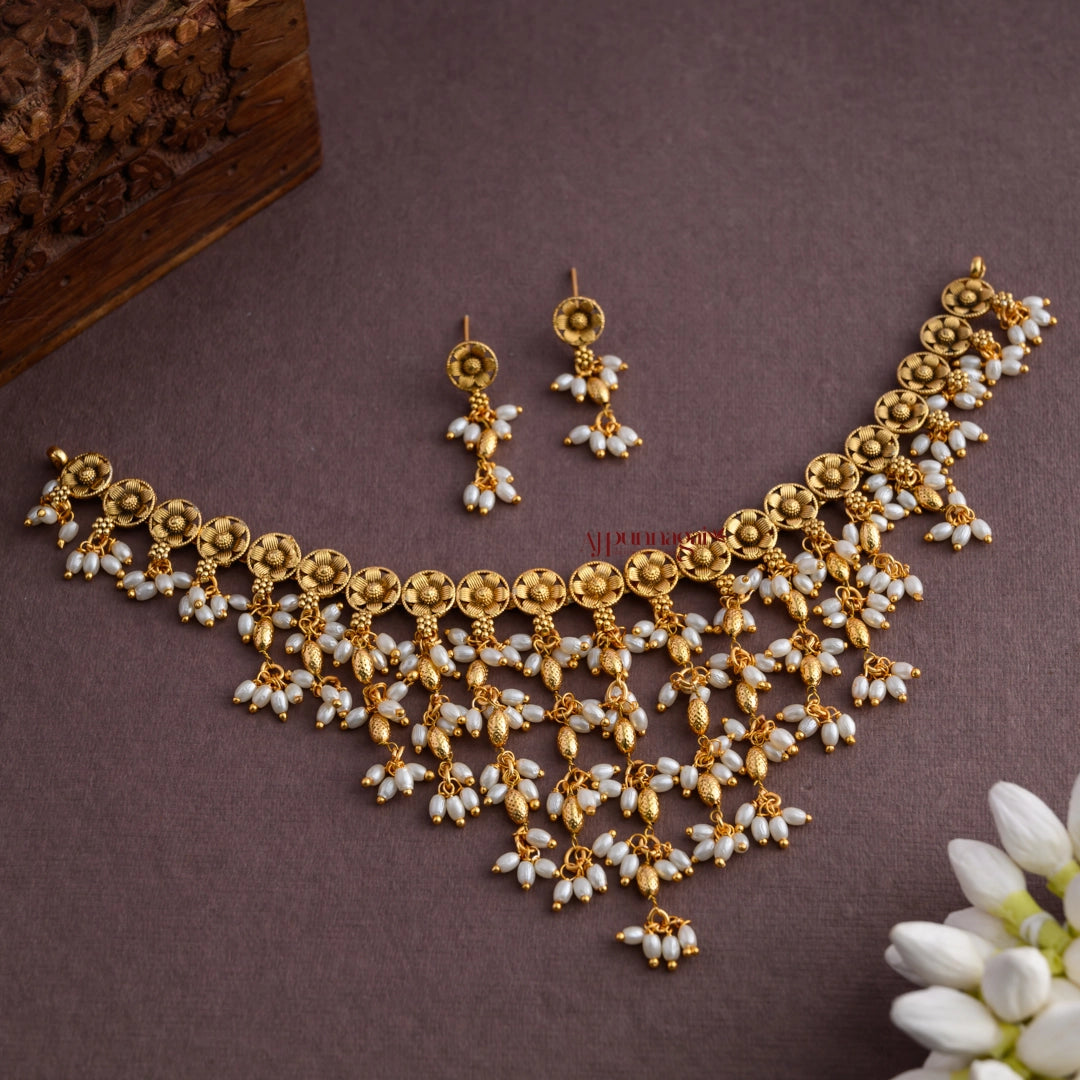 Floral Gold Look Alike Guttupusalu Necklace - Pearl and Gold