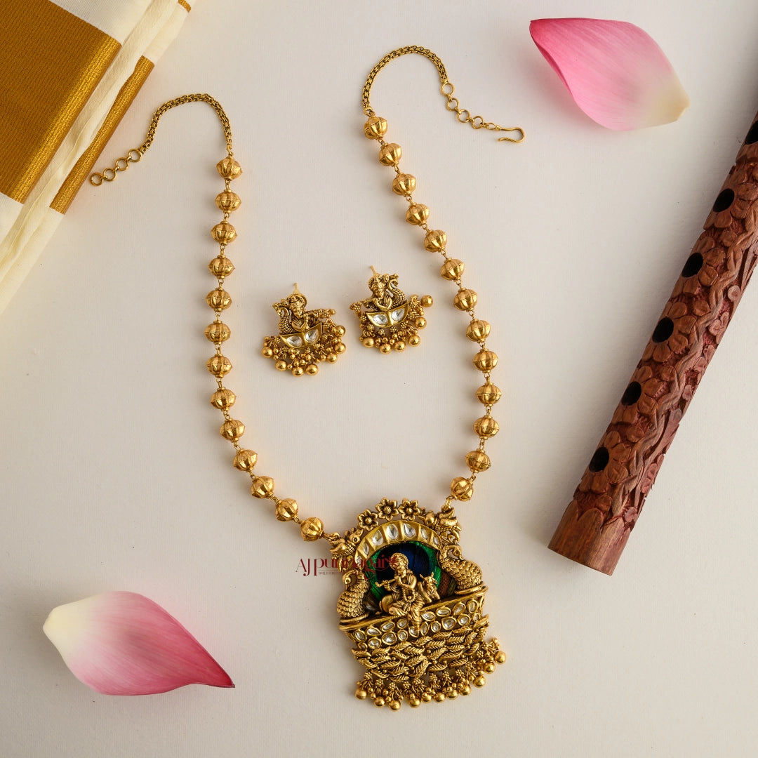 Gold Look Alike Krishna Pendant Chain - Gold Beads