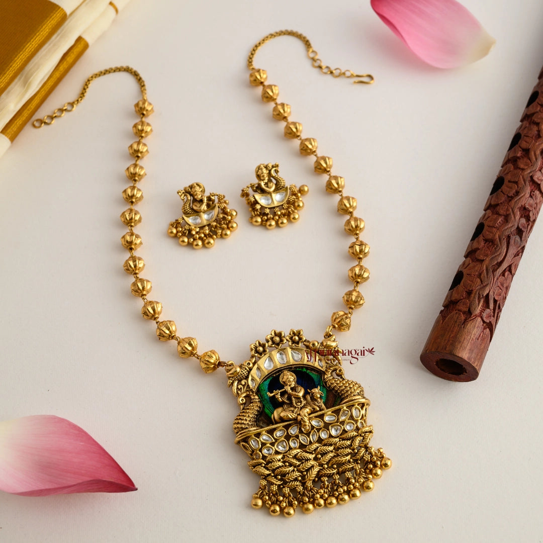 Gold Look Alike Krishna Pendant Chain - Gold Beads