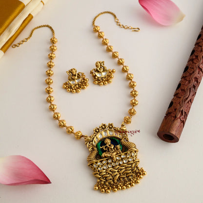 Gold Look Alike Krishna Pendant Chain - Gold Beads
