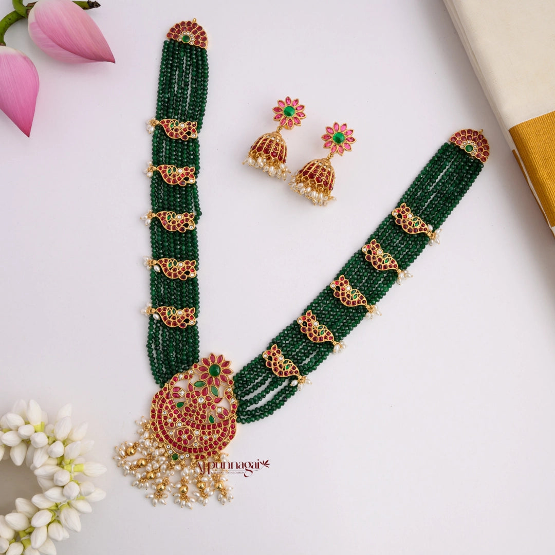 Grand Dark Green Beaded Peacock With Kemp Haram