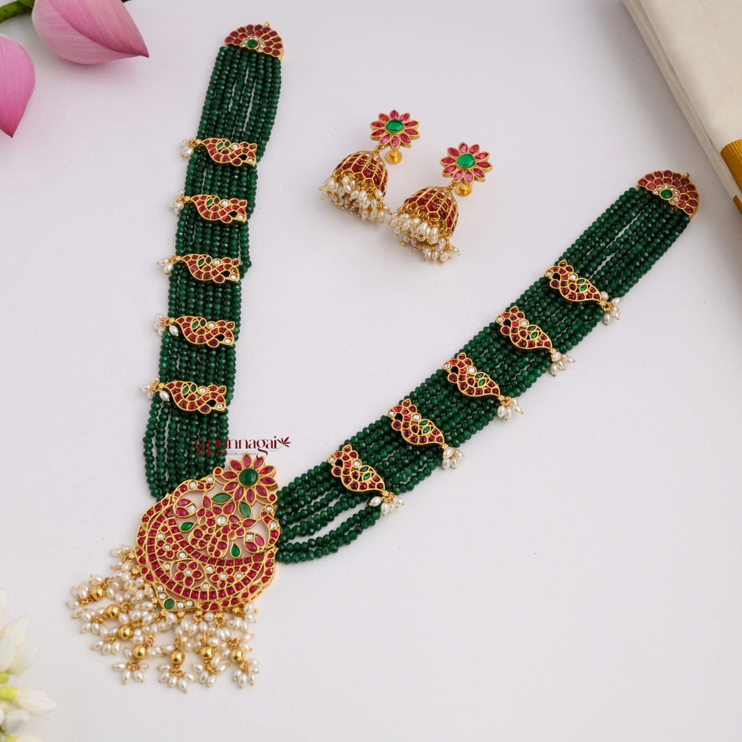 Grand Dark Green Beaded Peacock With Kemp Haram