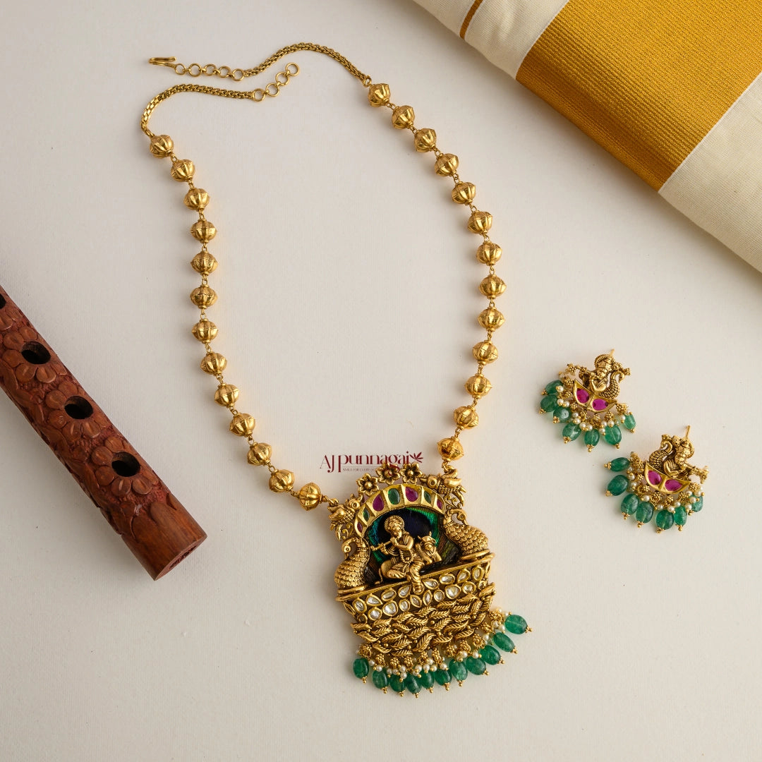 Gold Look Alike Krishna Pendant Chain - Green Beads