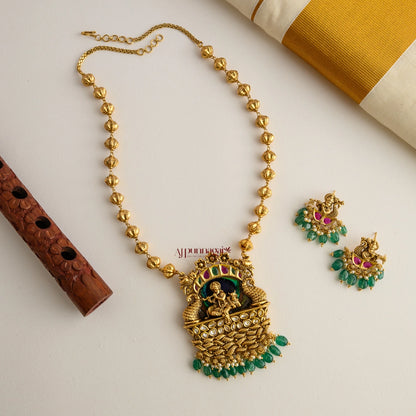Gold Look Alike Krishna Pendant Chain - Green Beads