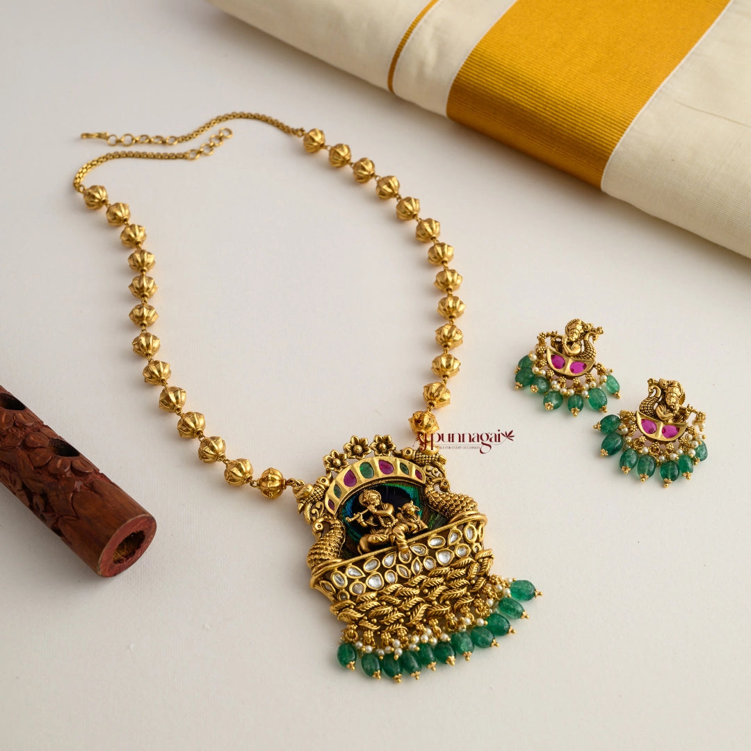 Gold Look Alike Krishna Pendant Chain - Green Beads