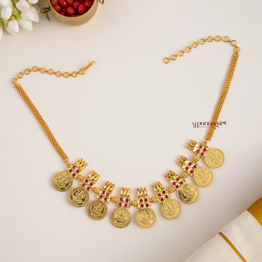 Gold Finish Lakshmi Coin Necklace - Pink