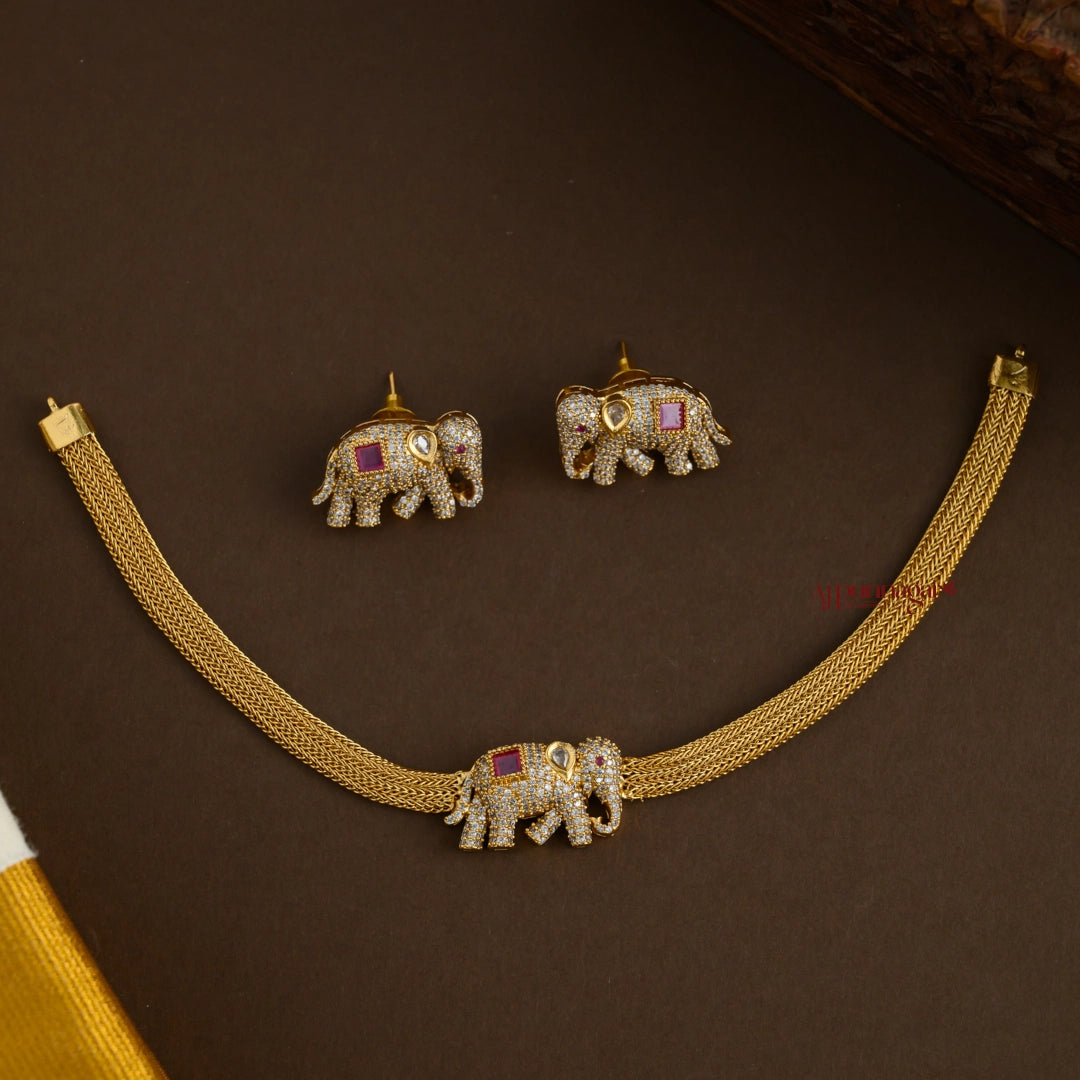 Cute AD Elephant Matte Necklace - Ruby