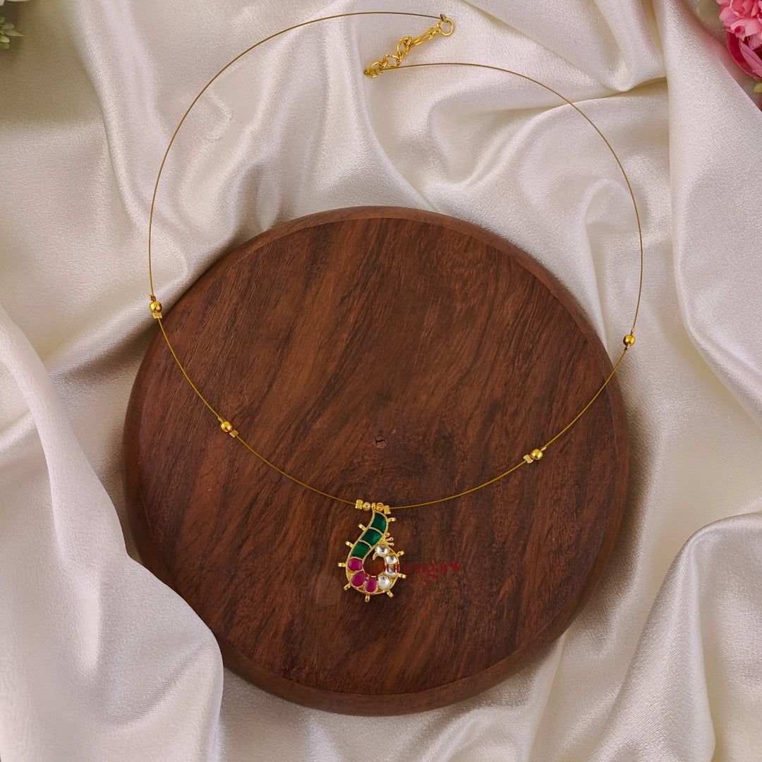 Dancing Peacock Kundan Jadau Invisible Necklace - Green With Ruby - Right