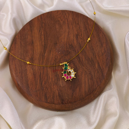 Dancing Peacock Kundan Jadau Invisible Necklace - Green With Ruby - Right