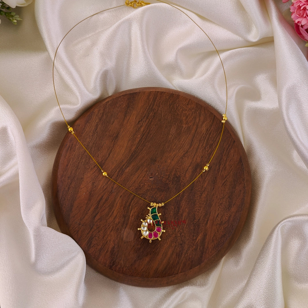 Dancing Peacock Kundan Jadau Invisible Necklace - Green With Ruby - Left