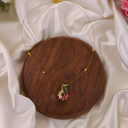 Dancing Peacock Kundan Jadau Invisible Necklace - Green With Ruby - Left
