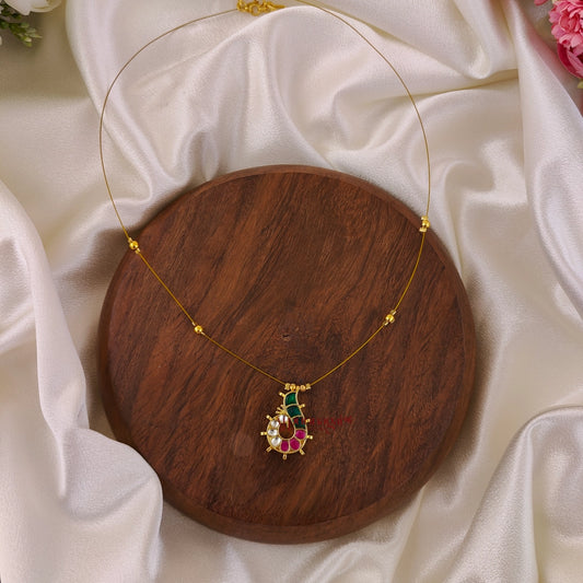 Dancing Peacock Kundan Jadau Invisible Necklace - Green With Ruby - Left