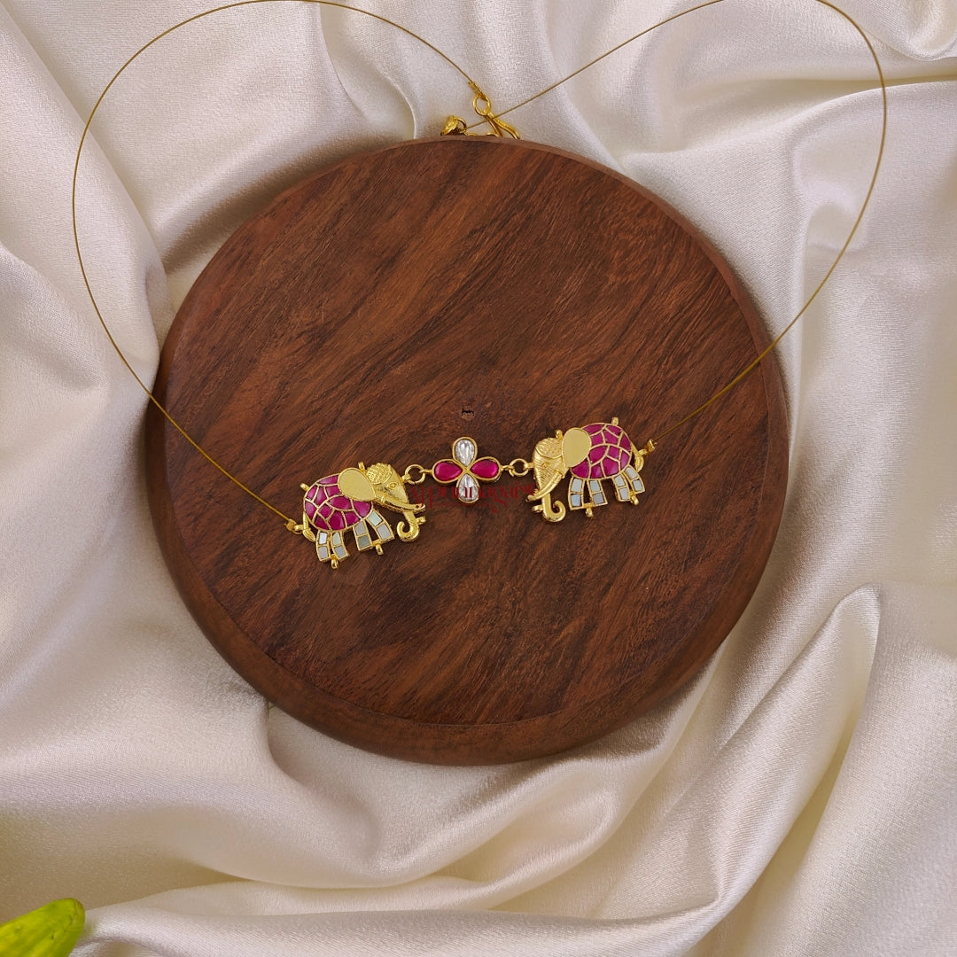Unique Elephant Kundan Jadau Invisible Necklace - Ruby With White