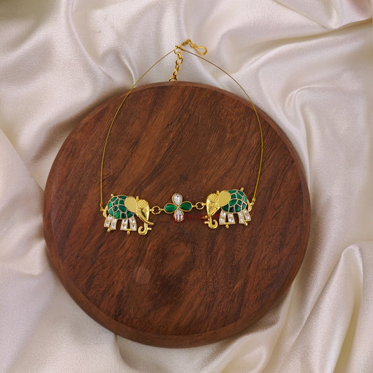 Unique Elephant Kundan Jadau Invisible Necklace - Green With White