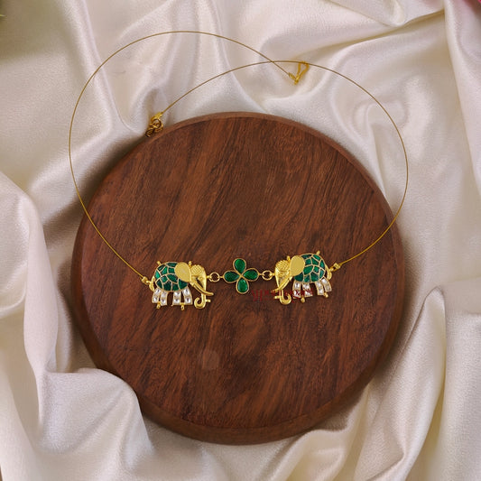 Unique Elephant Kundan Jadau Invisible Necklace - Green