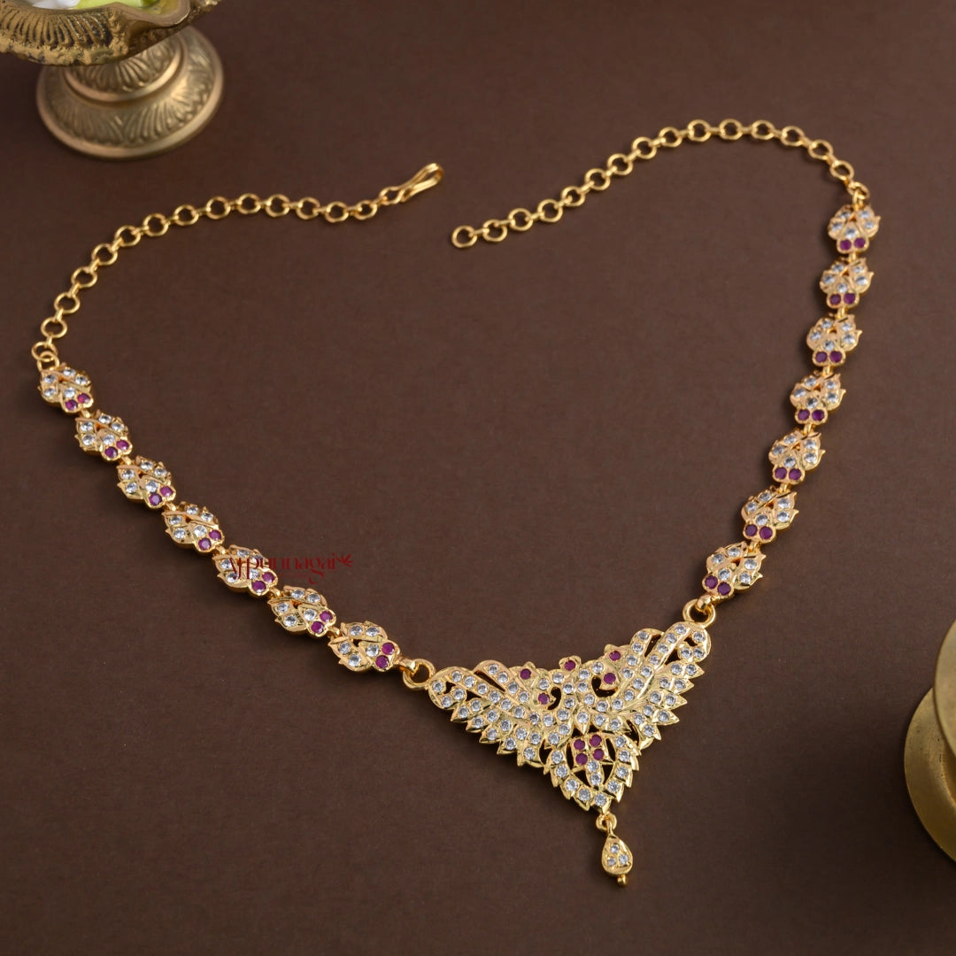 Sparkling Gold Finish Impon Necklace - White With Pink