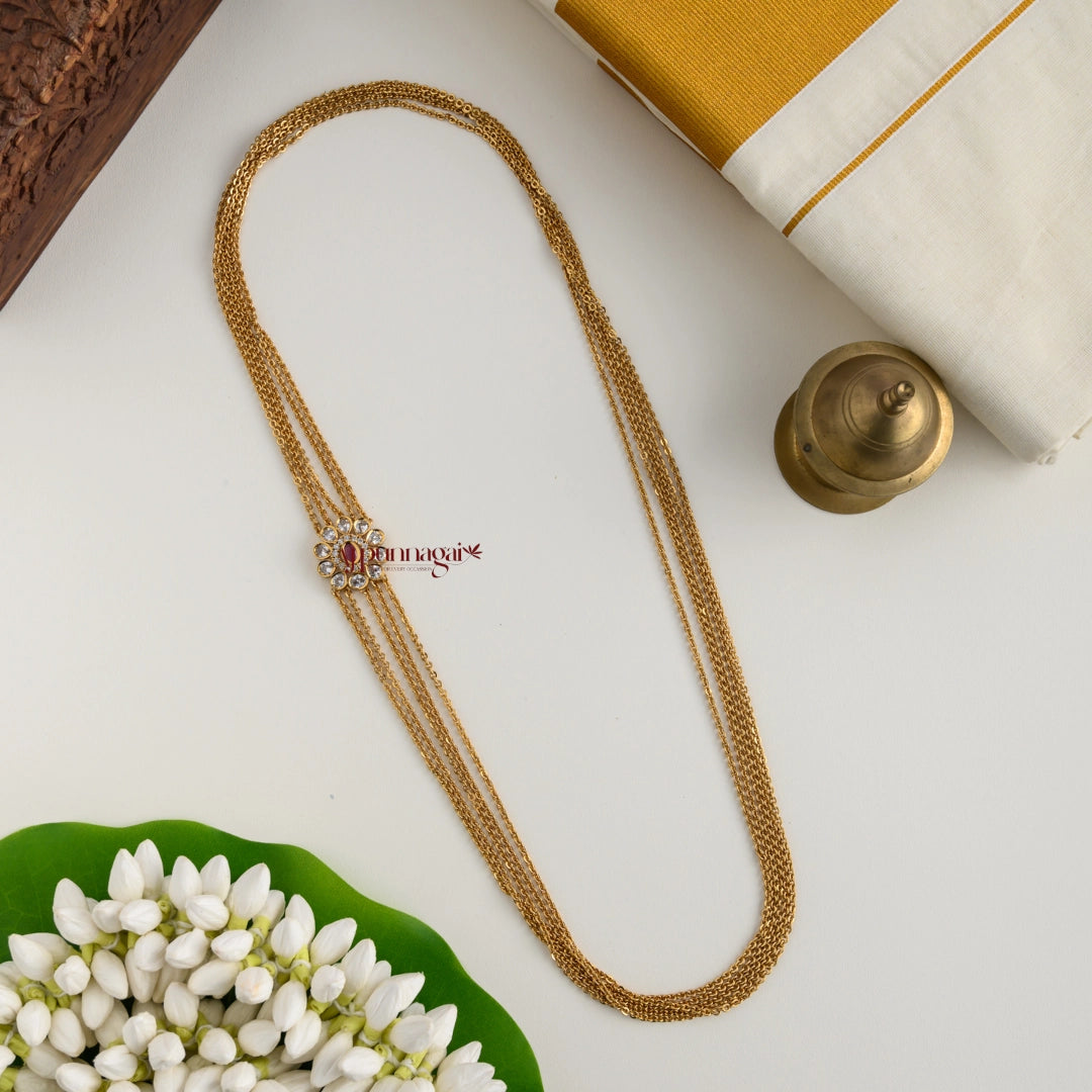 Gold Look Alike Floral Mogappu Chain - Ruby