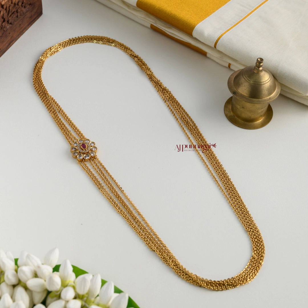 Gold Look Alike Floral Mogappu Chain - Ruby