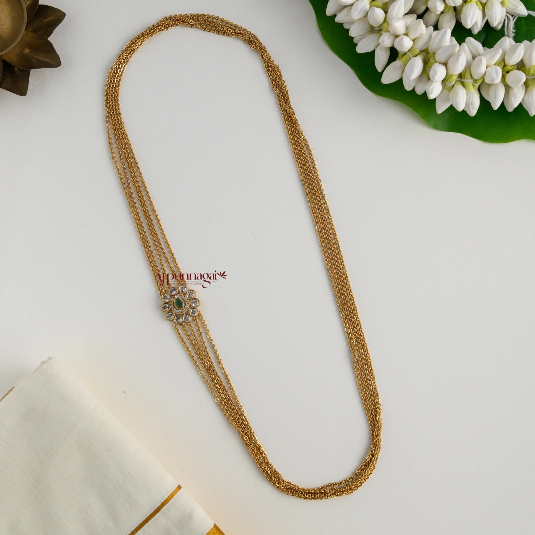 Gold Look Alike Floral Mogappu Chain - Green