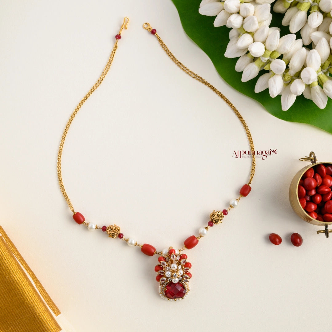 Floral Coral Pendant Chain - Red