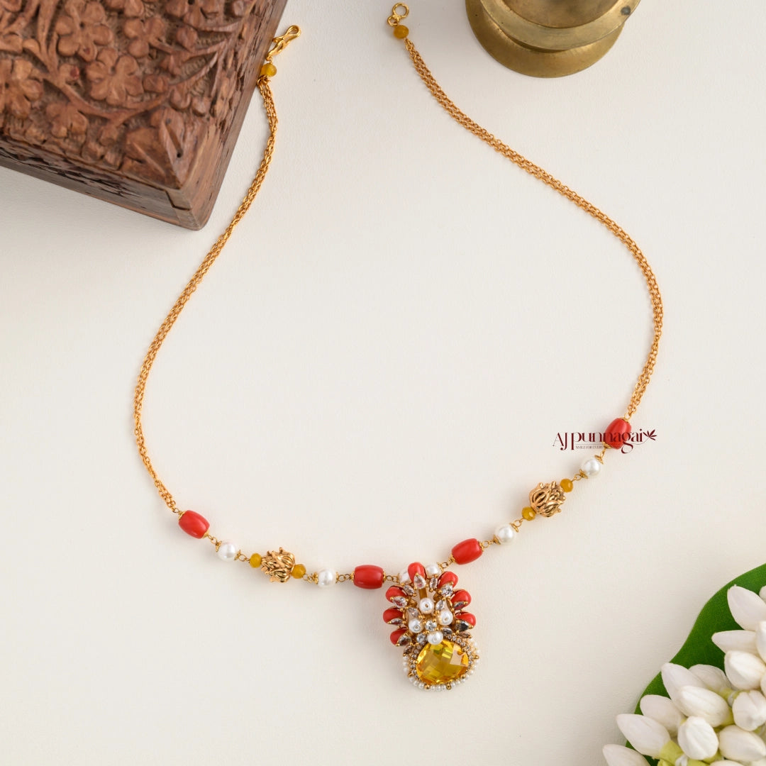 Floral Coral Pendant Chain - Yellow