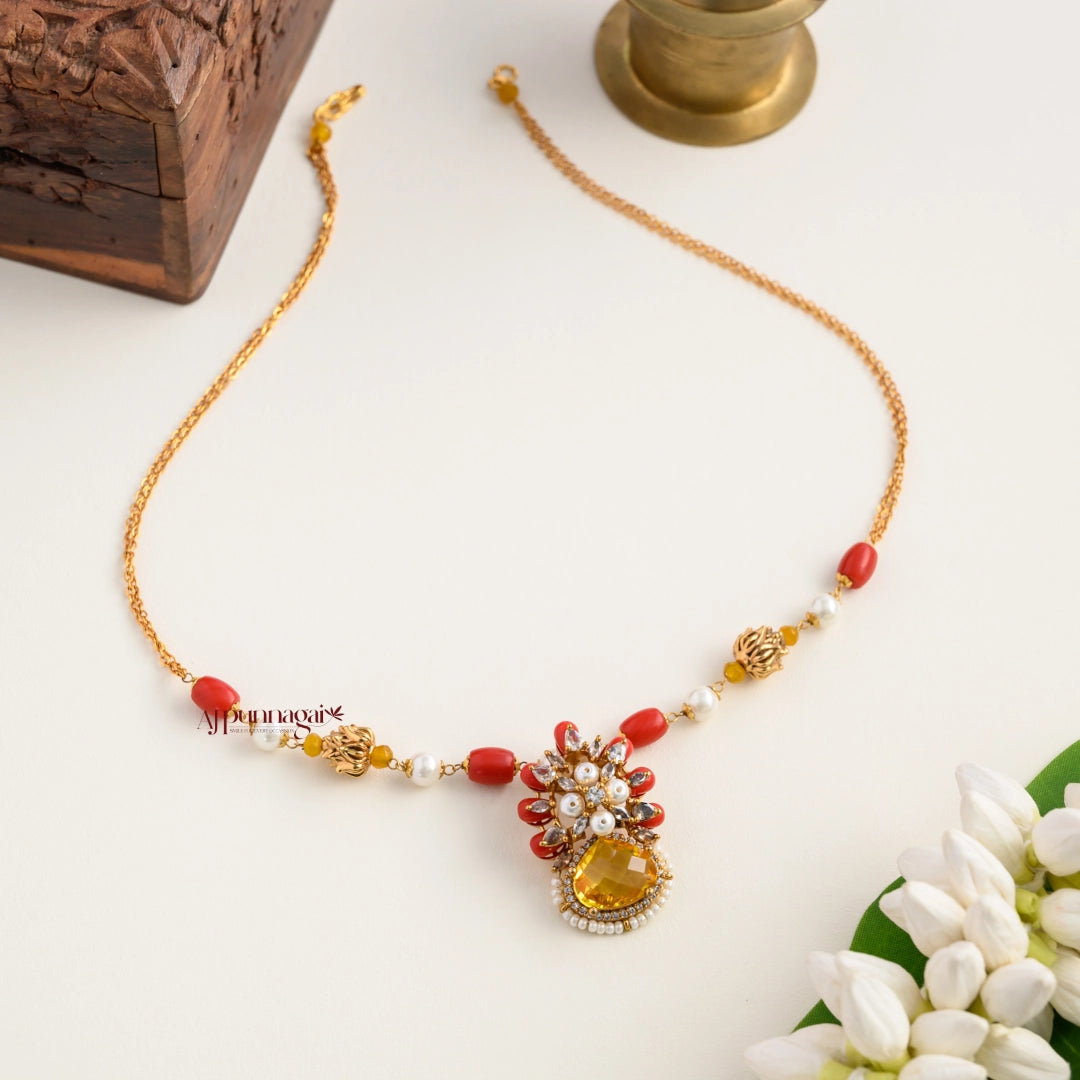 Floral Coral Pendant Chain - Yellow