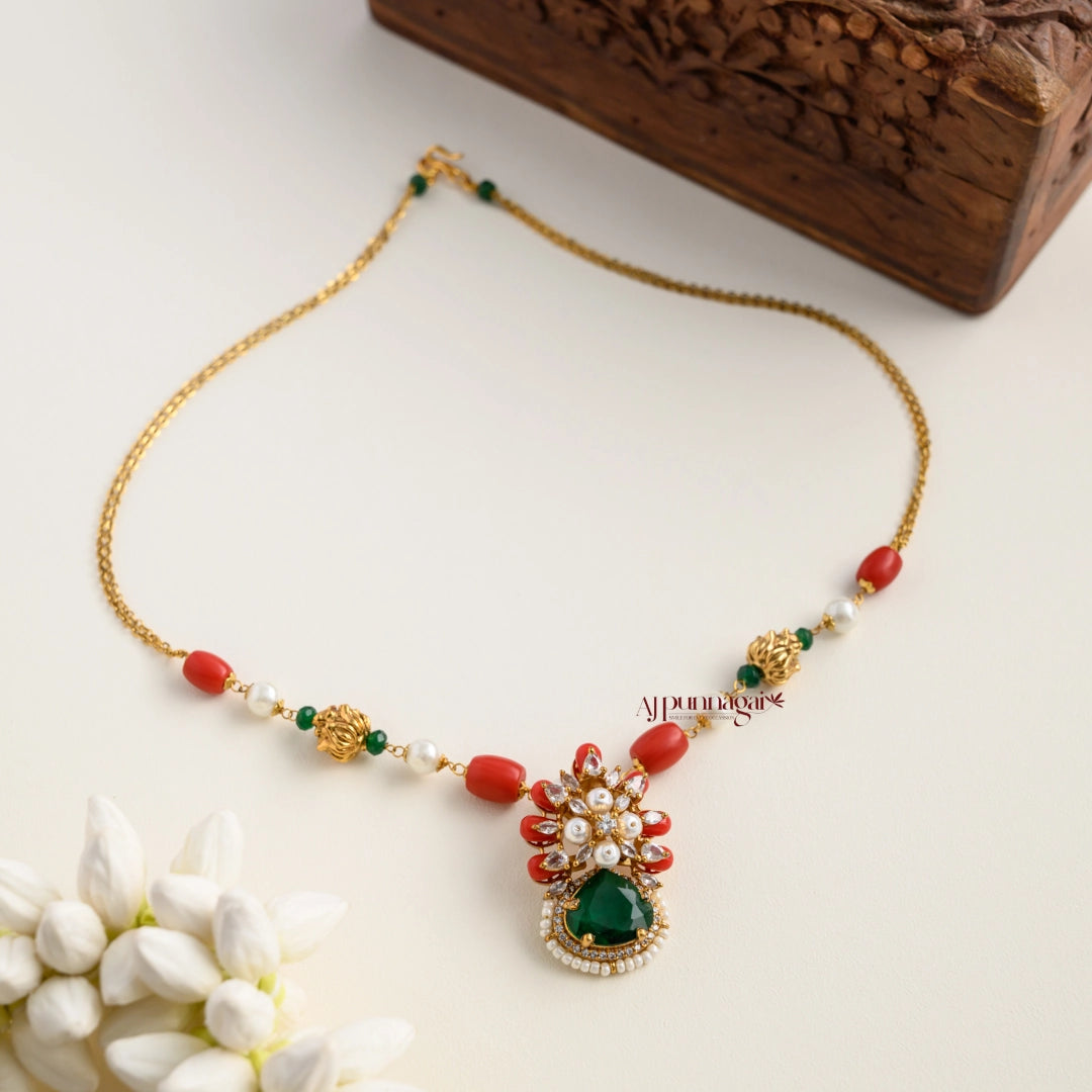 Floral Coral Pendant Chain - Dark Green