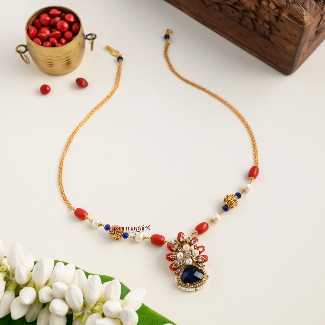 Floral Coral Pendant Chain - Dark Blue