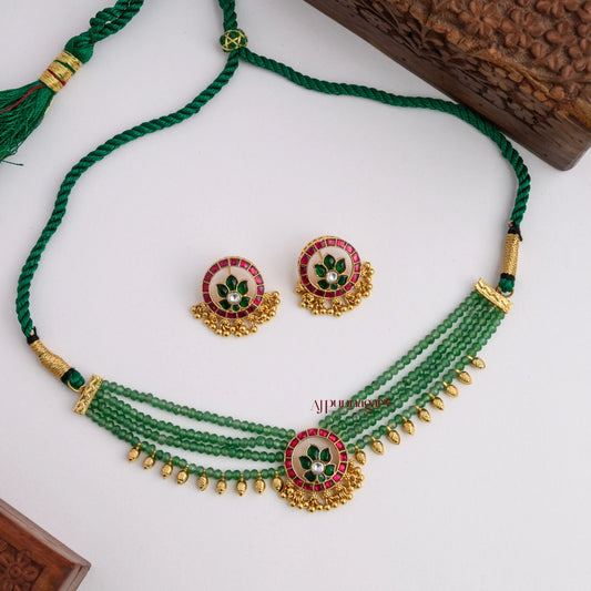 Gold Look Alike Kundan Jadau Green Beaded Choker