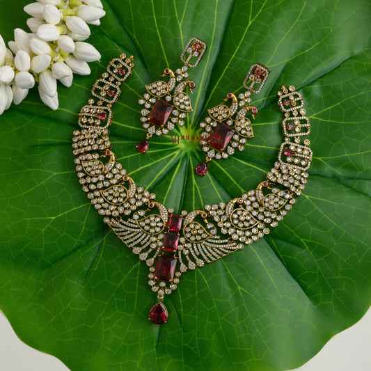 Sparkling AD Peacock Necklace - Red
