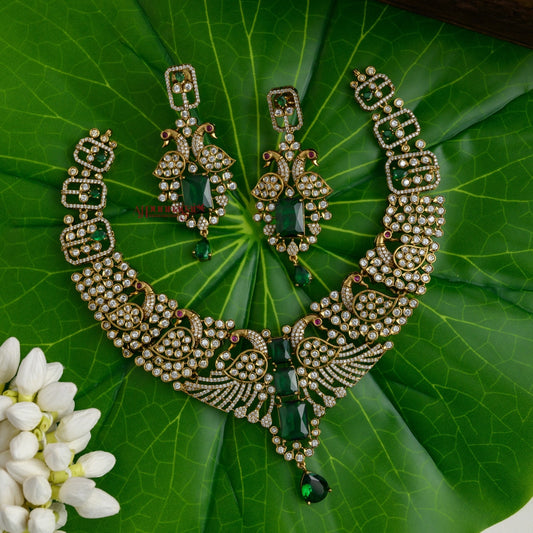 Sparkling AD Peacock Necklace - Green