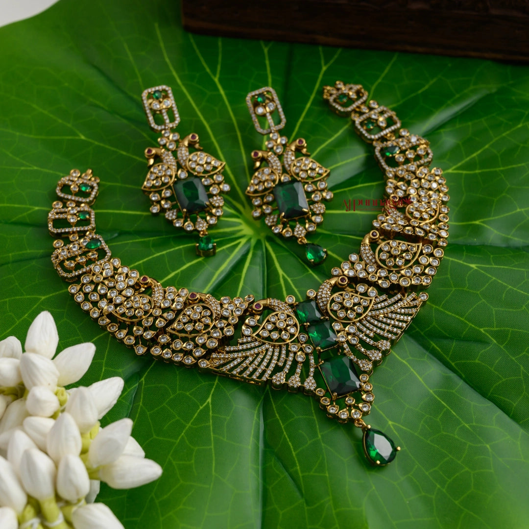 Sparkling AD Peacock Necklace - Green