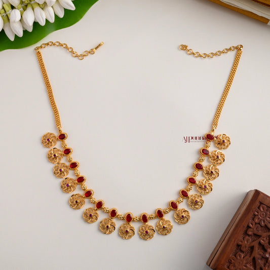 Floral Gold Finish Necklace - Red